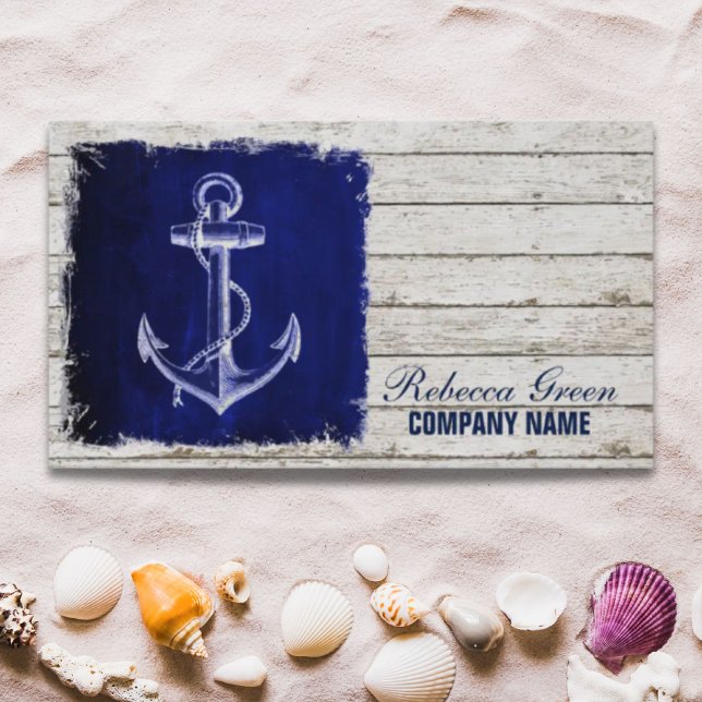 Blåankare för marint chic visitkort (beach chic wood nautical navy blue anchor business card)