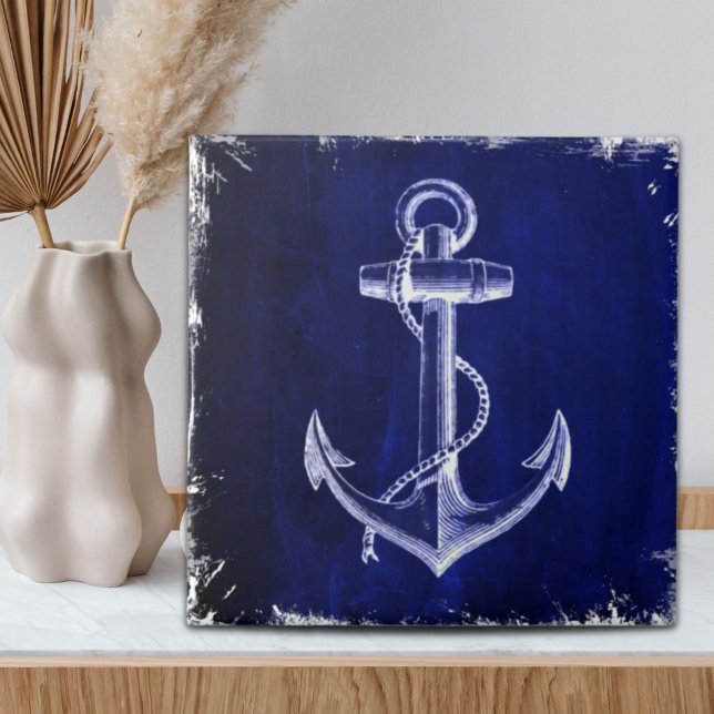 Blåankare i kustnära chic för sjömansfartyg kakelplatta (beach coastal chic nautical navy blue anchor ceramic tile)