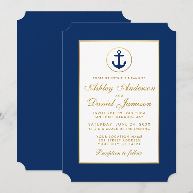 Blåankarinbjudan Nautisk Bröllop och Guld Inbjudningar (Fram/baksida)