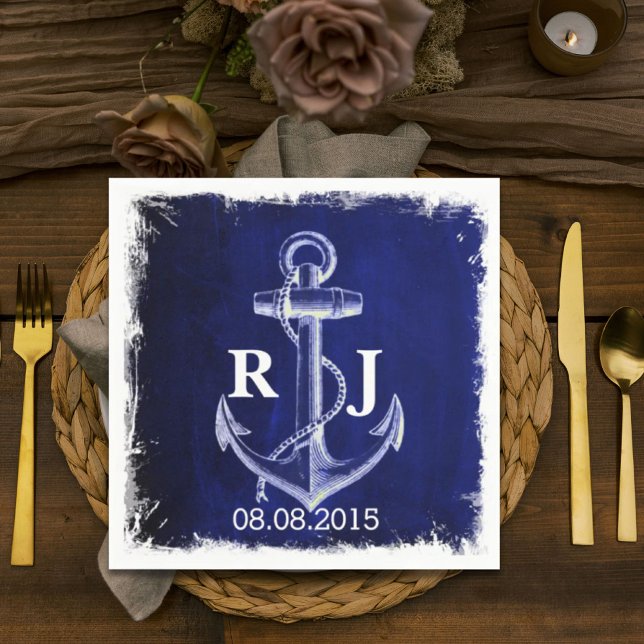 Blåankarpunkt för flotta Nautisk bröllop Pappersservett (rustic Navy Blue anchor nautical wedding Paper Napkins)