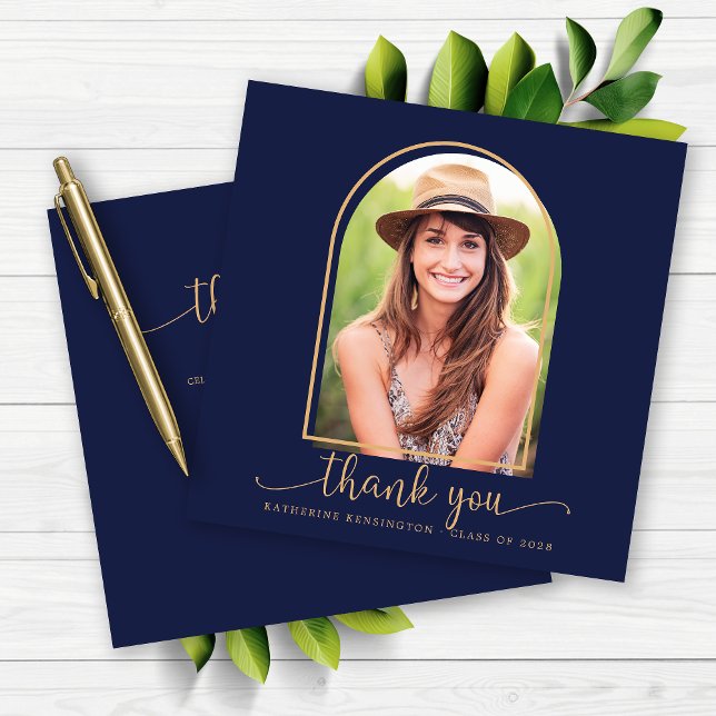 Blåartsfoto Studenten Tack (Navy Blue Arch Photo Graduation Thank You card)