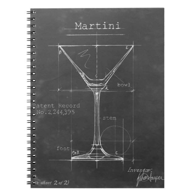 Blåavtryck av svart och vitt Martini-glas Anteckningsbok Med Spiral (Framsidan)