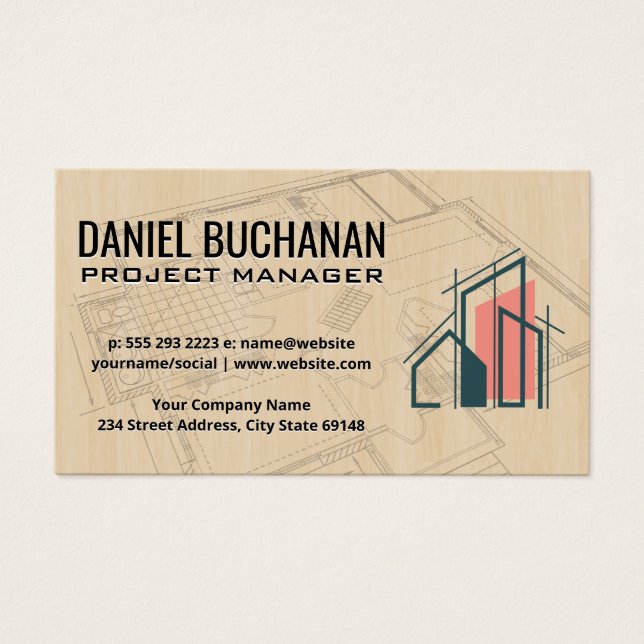 Blåavtryck | Trä | Arkitektens Logotyp Visitkort (Framsidan)