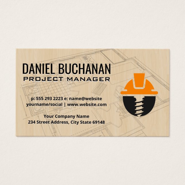 Blåavtryck | Trä | Logotyp för byggnation Visitkort (Framsidan)