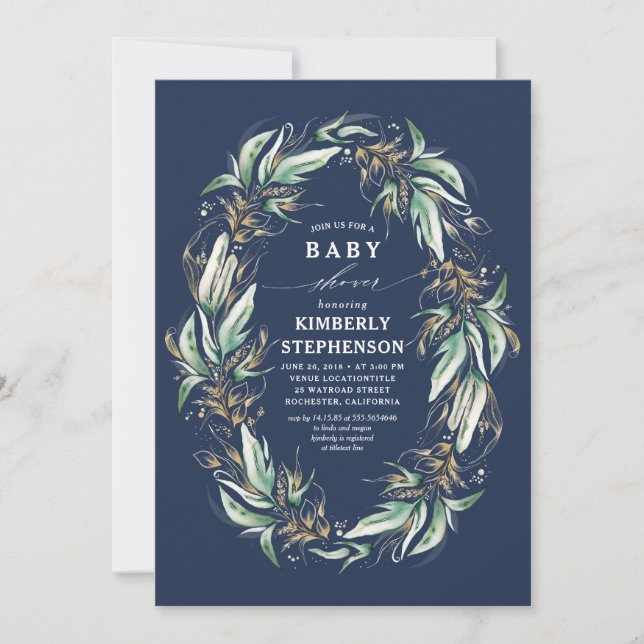 Blåbabyskor för Guld Greenery Wandan Navy Boho Bab Inbjudningar (Framsida)