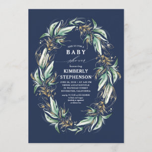 Blåbabyskor för Guld Greenery Wandan Navy Boho Bab Inbjudningar