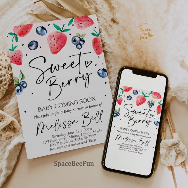 Blåbäddsinbjudan till jordgubbsbabyn BlueBerry Inbjudningar (berry baby shower,invitation blueberry,strawberry baby shower invites,girl baby shower invite,fruit )