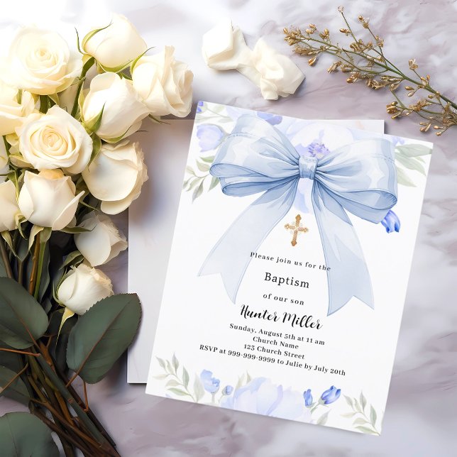 Blåbåge, blommigt, Baptism-inbjudan (Skapare uppladdad)