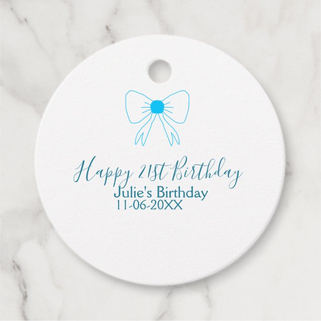 Blåbåge lycklig 21:a födelsedag namn dejt flicksny gåvor etiketter (Framsida)