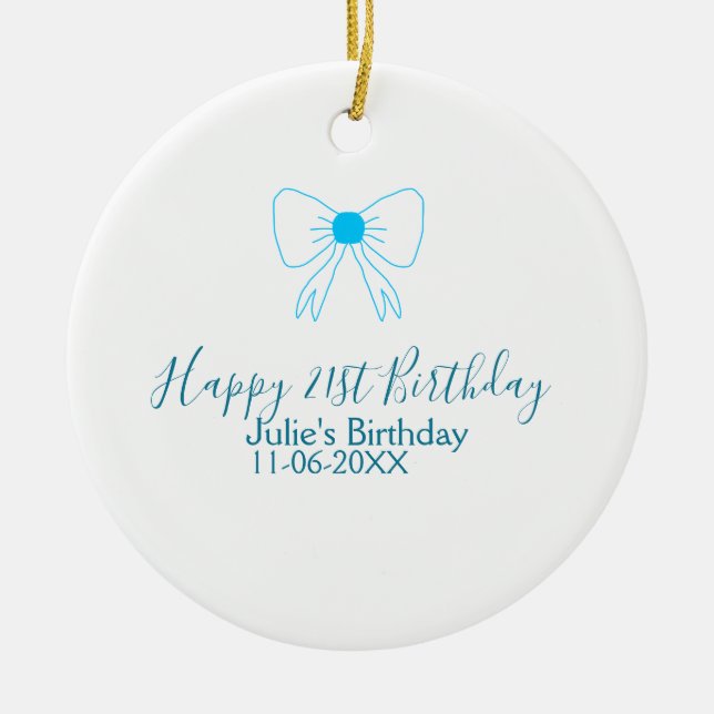 Blåbåge lycklig 21:a födelsedag namn dejt flicksny julgransprydnad keramik (Framsidan)