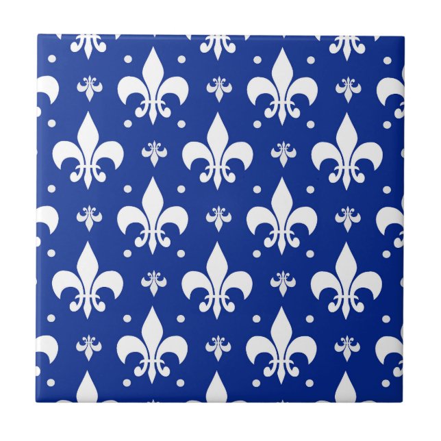 Blåbakgrund Fleur-de-lis Mönster Design Kakelplatta (Framsidan)