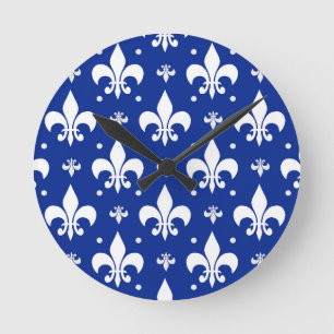 Blåbakgrund Fleur-de-lis Mönster Design Rund Klocka