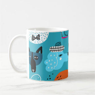 Blåbakgrund, Spelande Hund Mönster. Kaffemugg