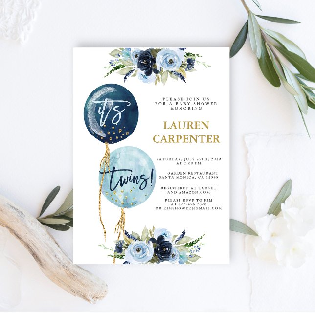 Blåballong Twillingar för babyduschpojkar Inbjudan (Skapare uppladdad)