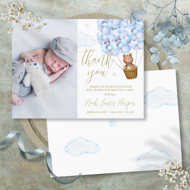 Blåballonger Bear Tack Baby Foto Birth Meddelande Vykort (Blue Balloons Bear Thank You Baby Photo Birth Announcement Postcard)