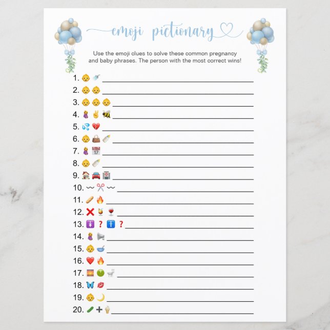 Blåballonger Emoji Pictionary Baby Shower Game (Framsida)