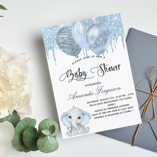 Blåballonger för elefantbarn i Shower elephant boy Inbjudningar (Skapare uppladdad)