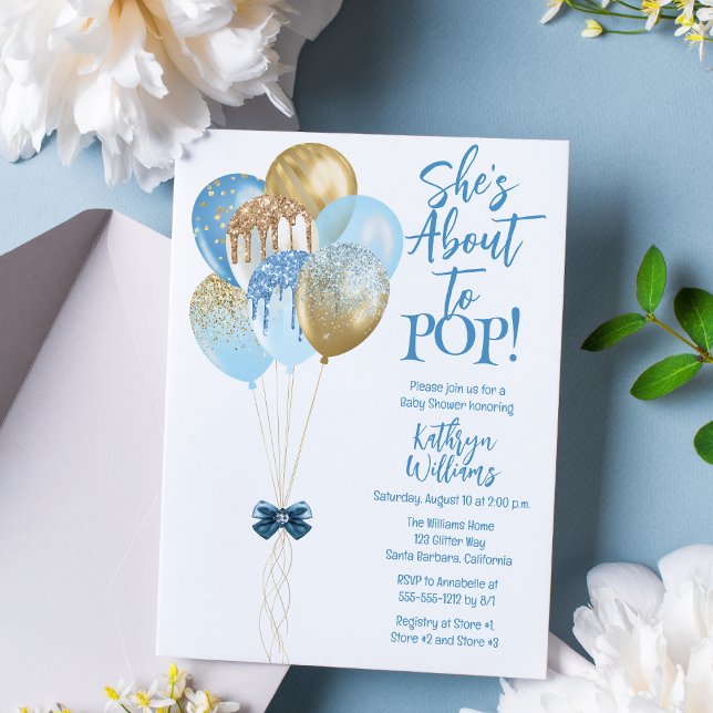 Blåballonger hon ska nu visa babyskabb inbjudningar ("She's Ready to POP!" Blue and Gold Translucent Glitter Balloons Boy Baby Shower Invitation)