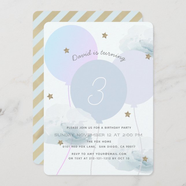 Blåballonger och moln Födelsedagsfest inbjudan (Fram/baksida)