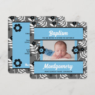 Blåbaptism för Pojke Monogram och foto Inbjudningar
