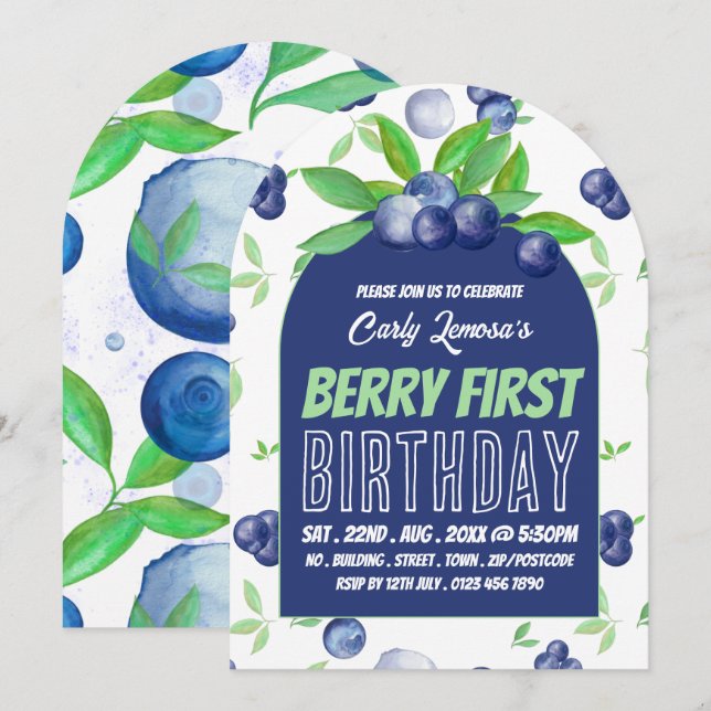 Blåbär, Berry First Birthday-inbjudan Inbjudningar (Fram/baksida)