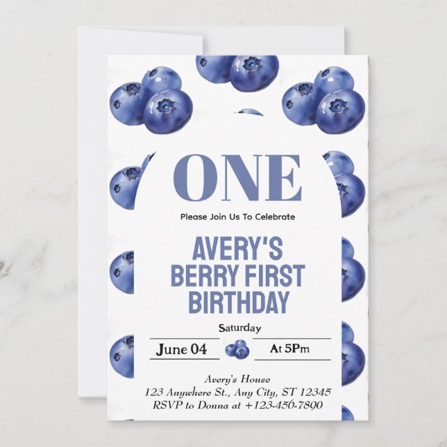 Blåbär Berry Första Flicka 1-årsdag  Inbjudningar (Framsida)
