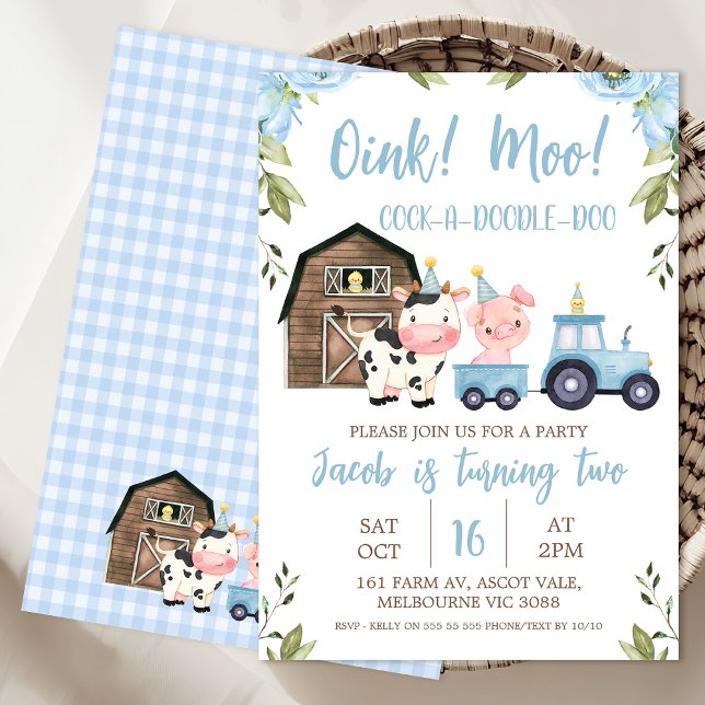 Blåbar Blommigt Barn Tractor Farm Birthday-inbjuda Inbjudningar (Farm Birthday Invitation Templates, Oink Baa Moo Birthday Invitation Editable, Farm Animals Invite
)