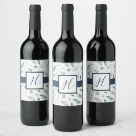 Blåbär Blommigten Monogram Vin Flaska Vinflaska Etikett