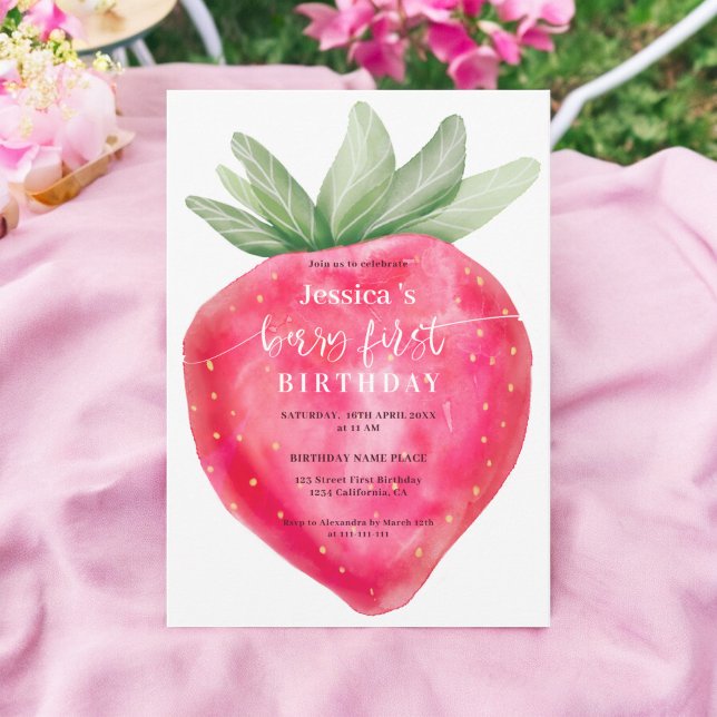 Blåbär för gräddbädd för första födelsedag inbjudningar (Cute berry first birthday watercolor strawberry invitation)