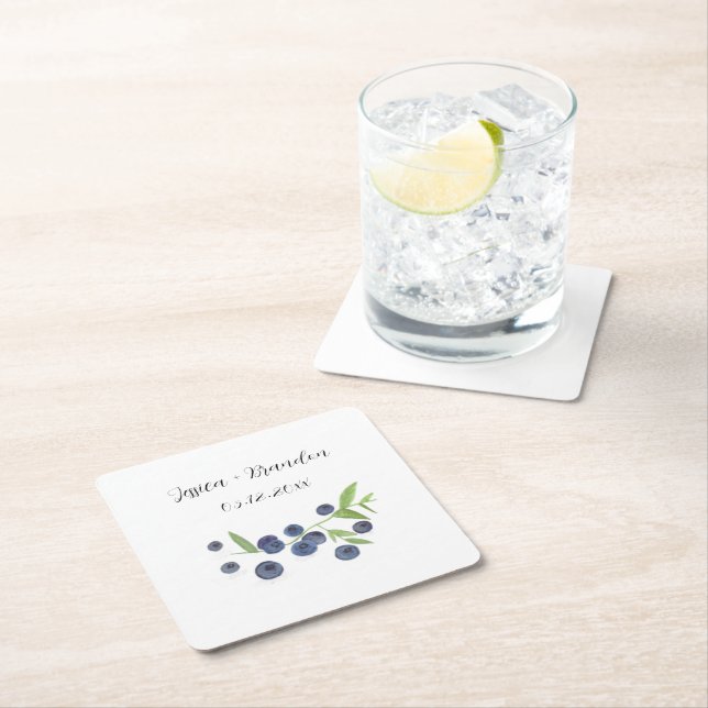 Blåbär Frukt Blueberry Watercolor Bröllop Underlägg Papper Kvadrat (Insitu)