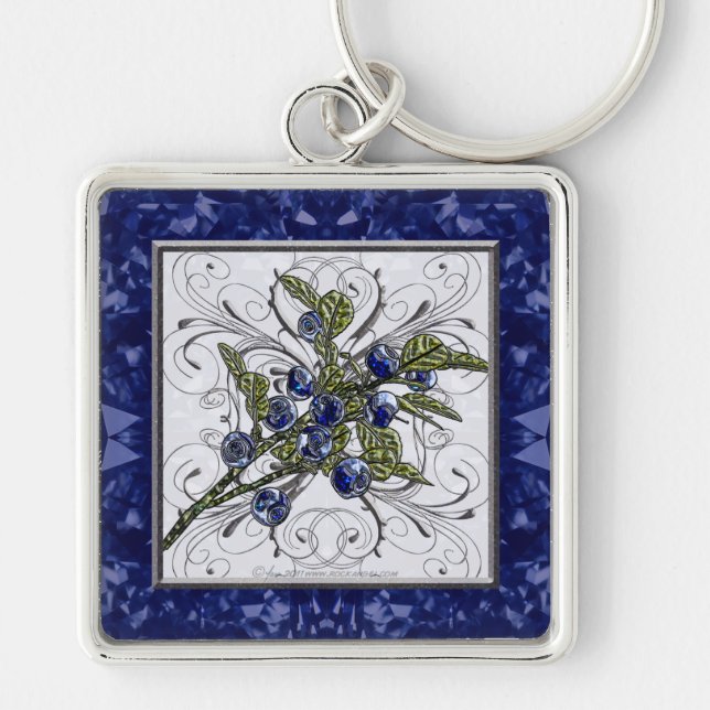 Blåbär Fyrkantig Silverfärgad Nyckelring (Framsidan)