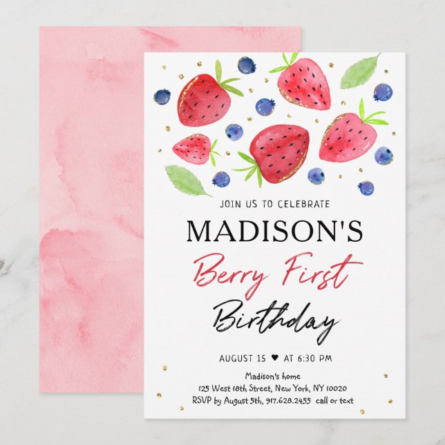 Blåbär i jordgubbsbären Berry Första födelsedag Inbjudningar (Fram/baksida)