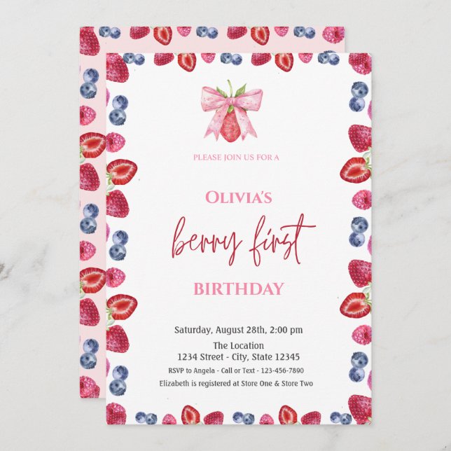 Blåbär i vattenfärg Jordgubbe 1:a födelsedag Inbjudningar (Fram/baksida)