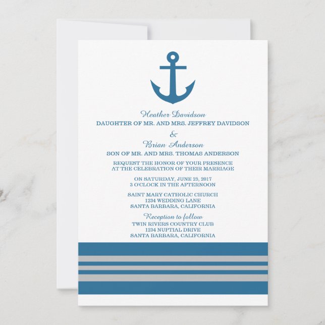 Blåbar inbjudan till Grått Nautical Anchor Wedding (Framsida)