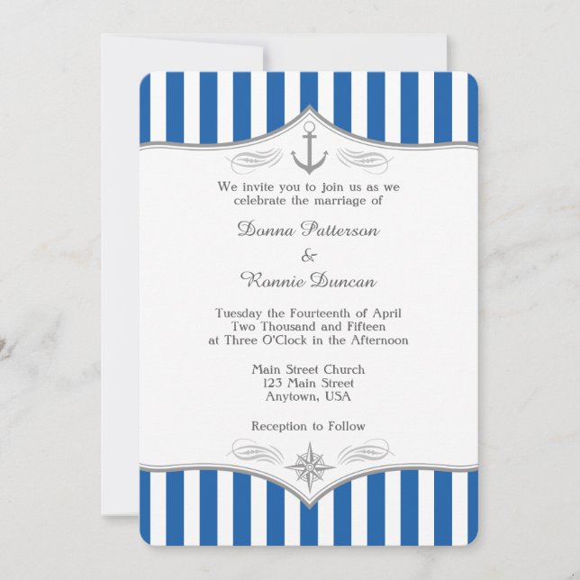 Blåbar inbjudan till Grått Nautical Wedding (Framsida)