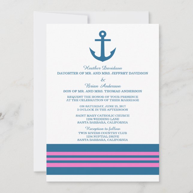 Blåbar inbjudan till Rosa Nautical Anchor Wedding (Framsida)