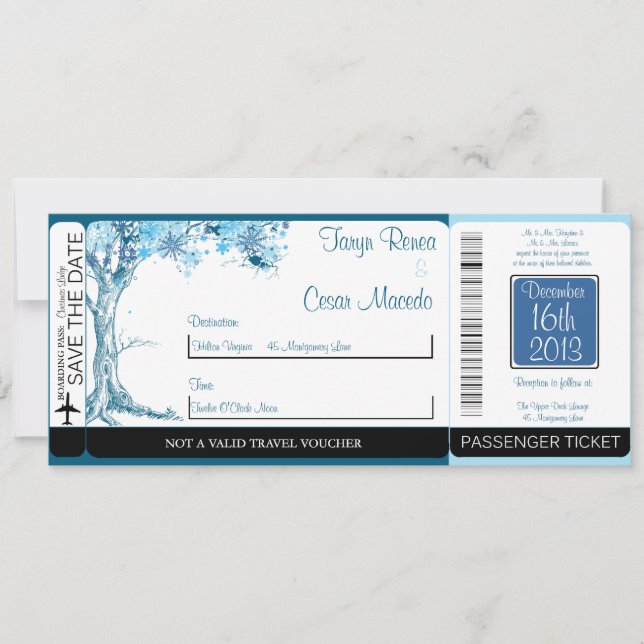 Blåbar inbjudan till Träd/Snowf Boarding Pass Wedd (Framsida)