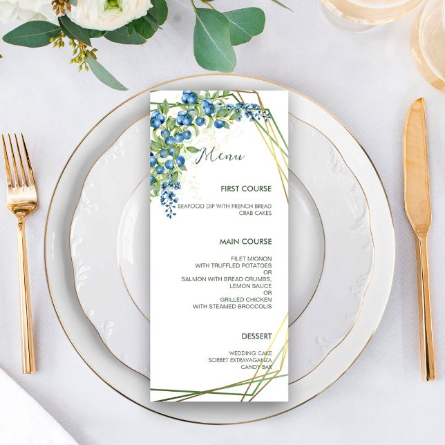 Blåbär med Faux Gold Foil Ram Rustic Bröllop Meny (Skapare uppladdad)