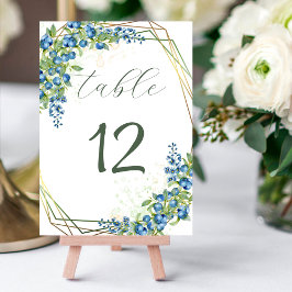 Blåbär och blå Wildblommor med Faux Guld Foil Bordsnummer