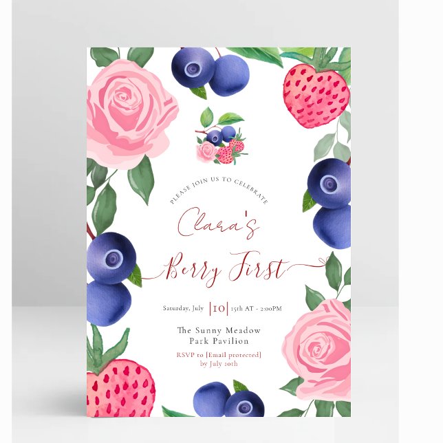 Blåbär och jordgubbar Ram med Rosa ros Inbjudningar (Blueberries & Strawberries Frame with Pink Roses First Birthday Invitation)