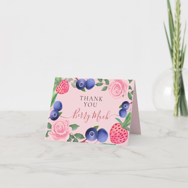 Blåbär och jordgubbar Ram med Rosa ros Tack Kort (Framsida)