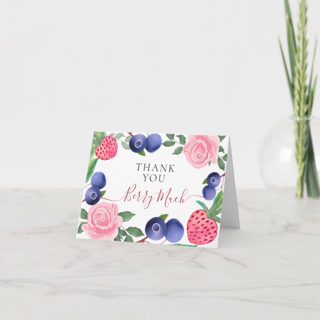 Blåbär och jordgubbar Ram med Rosa ros Tack Kort (Framsida)