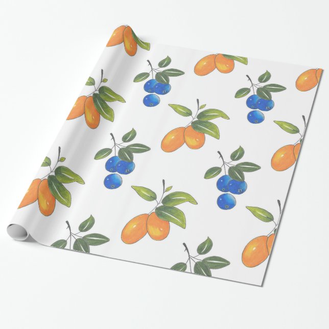 Blåbär och Kumquats Mönster hand plockade Presentpapper (Utrullad)