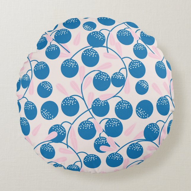 Blåbär, rosa löv, sömlös design. rund kudde (Framsidan)