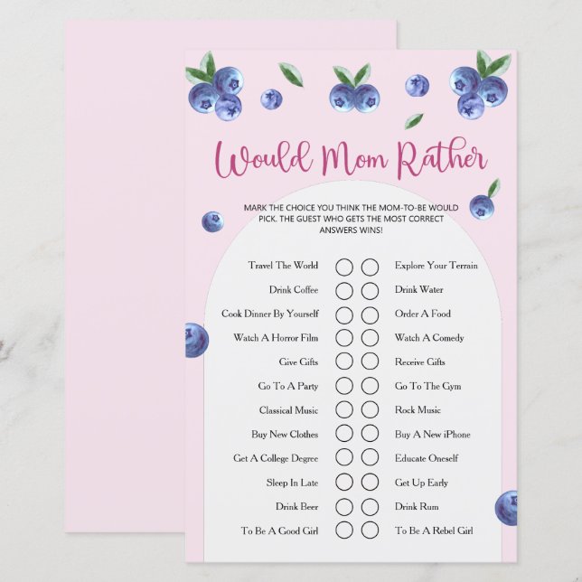 Blåbär Söt Vattenfärg Flicka Baby Shower Spel (Fram/baksida)