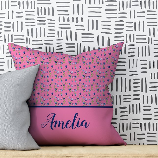Blåbär vattenfärgen mönster söt namn rosa  kudde (Skapare uppladdad)