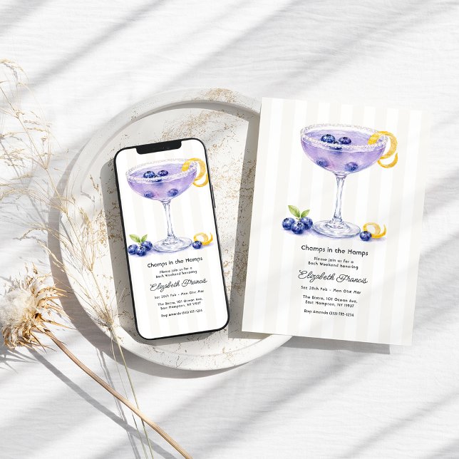 Blåbärs Martini Hamptons Sjungbrud Weekend Inbjudningar (Blueberry Martini Hamptons Bachelorette Weekend Invitation)
