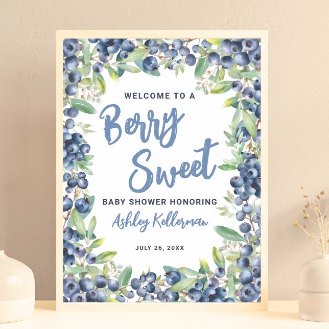 Blåbärs söta bebisfest välkomstskylt poster (Blueberry Berry Sweet Baby Shower Welcome Sign)