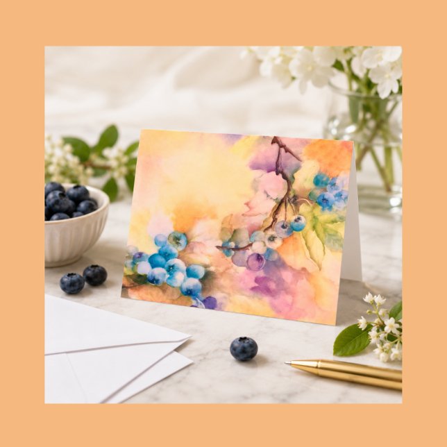 Blåbärs vattenfärg gratulationskort — Handmålad Kort (Watercolor Botanical note card with cascading blueberry fruit clusters. Elegant and timeless card.)