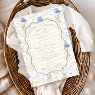 Blåbärsballong Teddy Toile Babyfirande Inbjudningar